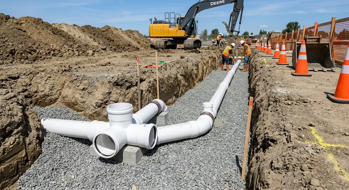 New PVC sewer pipe installation in open trench for Grease Trap Cleaning in Salem