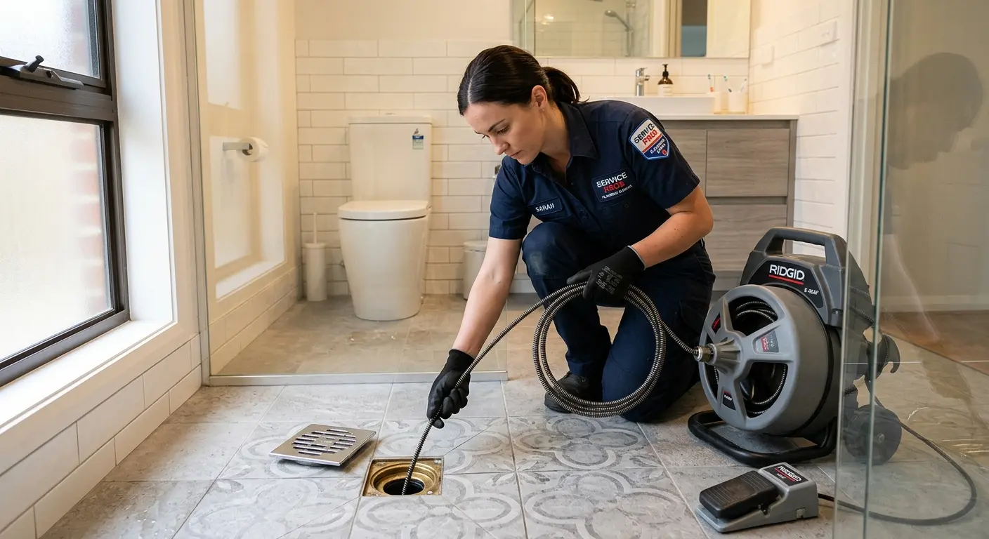 Technician clearing a bathroom floor drain for Sewer Line Installation in Salem